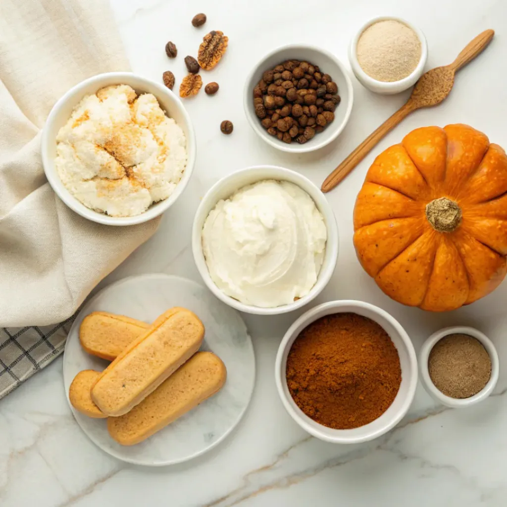 Pumpkin Tiramisu - Silky Spiced Autumn Layered Dessert 6 Pumpkin puree, mascarpone, ladyfingers, cream, sugar, cinnamon, nutmeg, and vanilla arranged for pumpkin tiramisu.
