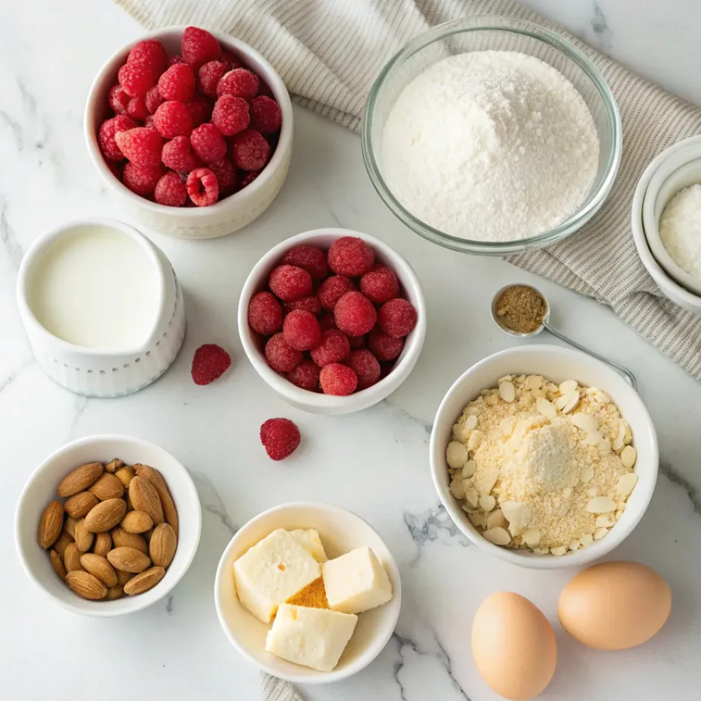 Fresh raspberries, flour, almonds, butter, sugar, eggs, and vanilla for homemade raspberry almond crumb cake.