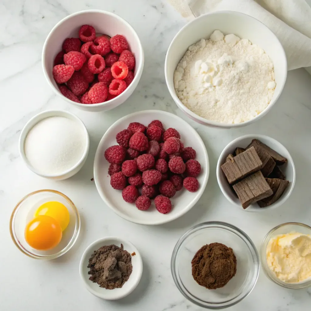 Raspberries, cream cheese, cocoa powder, chocolate, flour, eggs, sugar, and butter for cheesecake brownies.