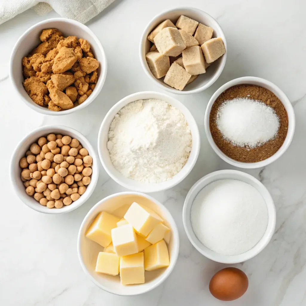 Brown sugar, butter, flour, eggs, vanilla, butterscotch chips, and sea salt arranged for blondies.