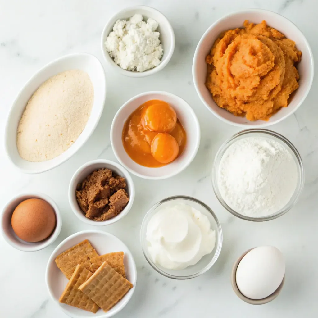 Sweet Potato Cheesecake Bars - Creamy Spiced Autumn Dessert Squares 6 Sweet potatoes, cream cheese, graham crackers, butter, sugar, eggs, cinnamon, and nutmeg for cheesecake bars.
