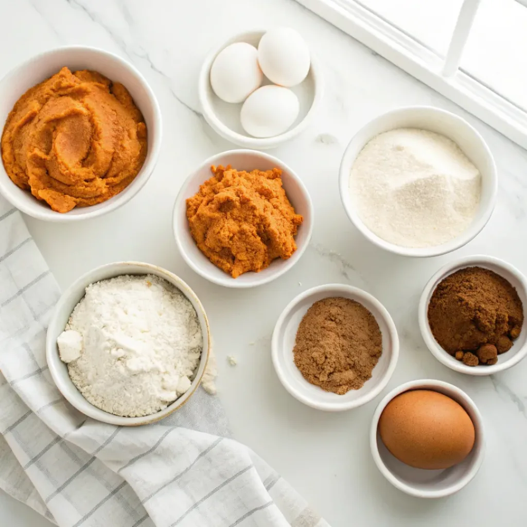 Sweet potatoes, flour, butter, sugar, eggs, cinnamon, nutmeg, vanilla, and pecans arranged for sweet potato sheet cake.
