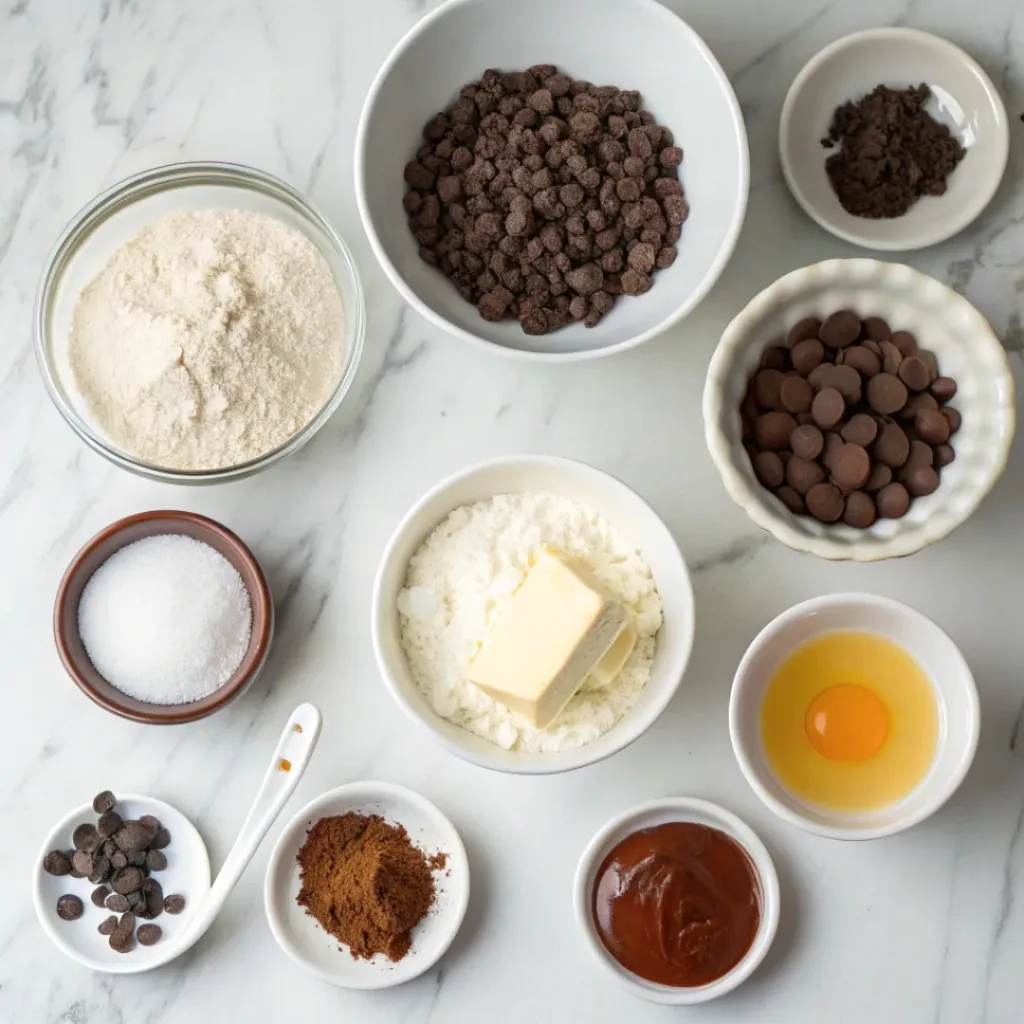 Flour, cocoa powder, chocolate chips, butter, sugar, cream, vanilla, and baking ingredients for chocolate scones.