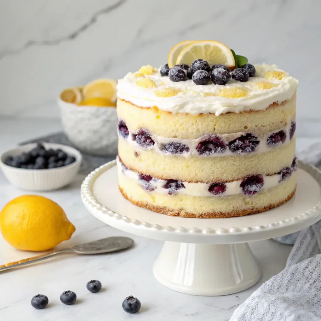 Lemon blueberry layer cake with fluffy lemon frosting, fresh blueberries, and lemon slices.