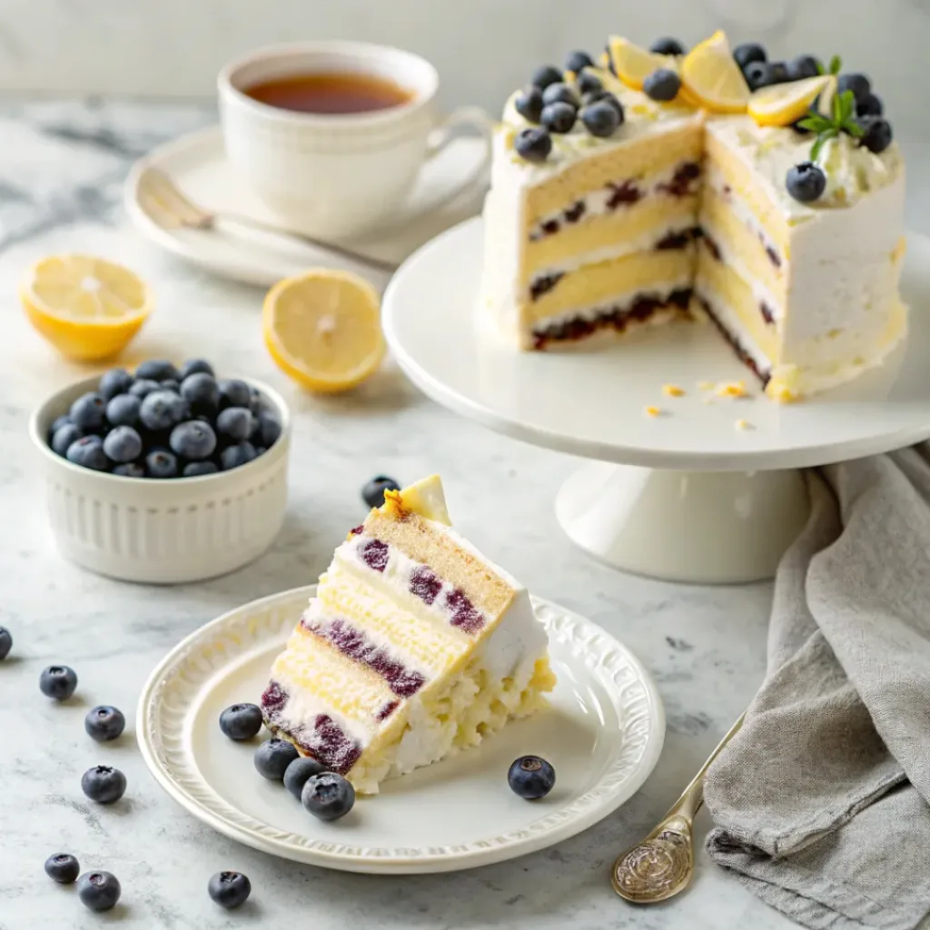 Lemon Blueberry Layer Cake - Fluffy Moist Bakery Dessert 8 Slice of lemon blueberry layer cake served with tea, fresh blueberries, lemon slices, and creamy lemon frosting.