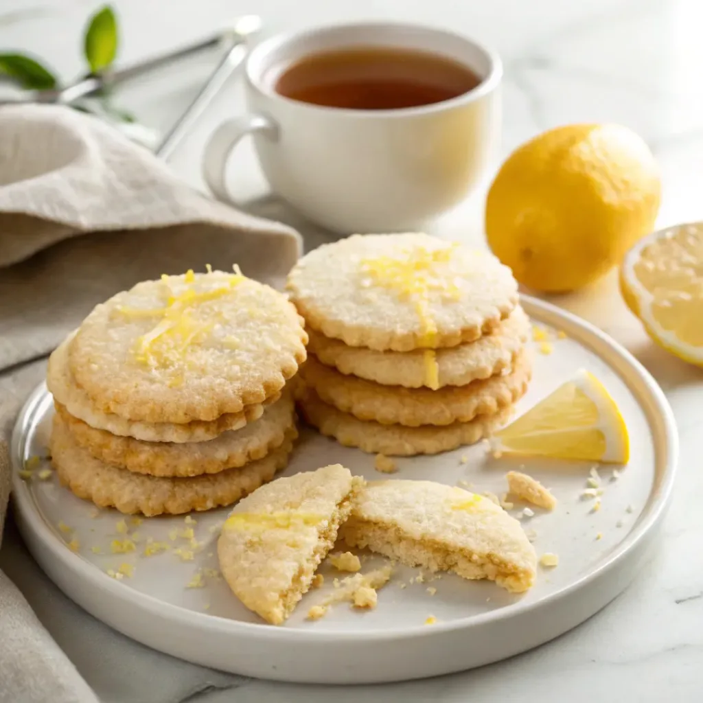 Lemon shortbread cookies served with lemon tea, fresh lemon slices, and delicate lemon zest.