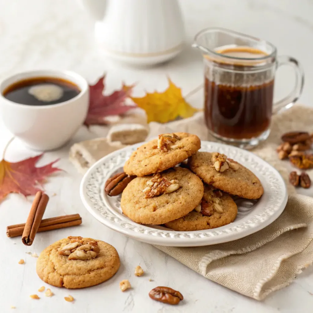 Maple Brown Sugar Cookies - Chewy Glazed Autumn Bakery Treats 8 Maple brown sugar cookies with maple glaze and pecans served alongside a warm cup of coffee.