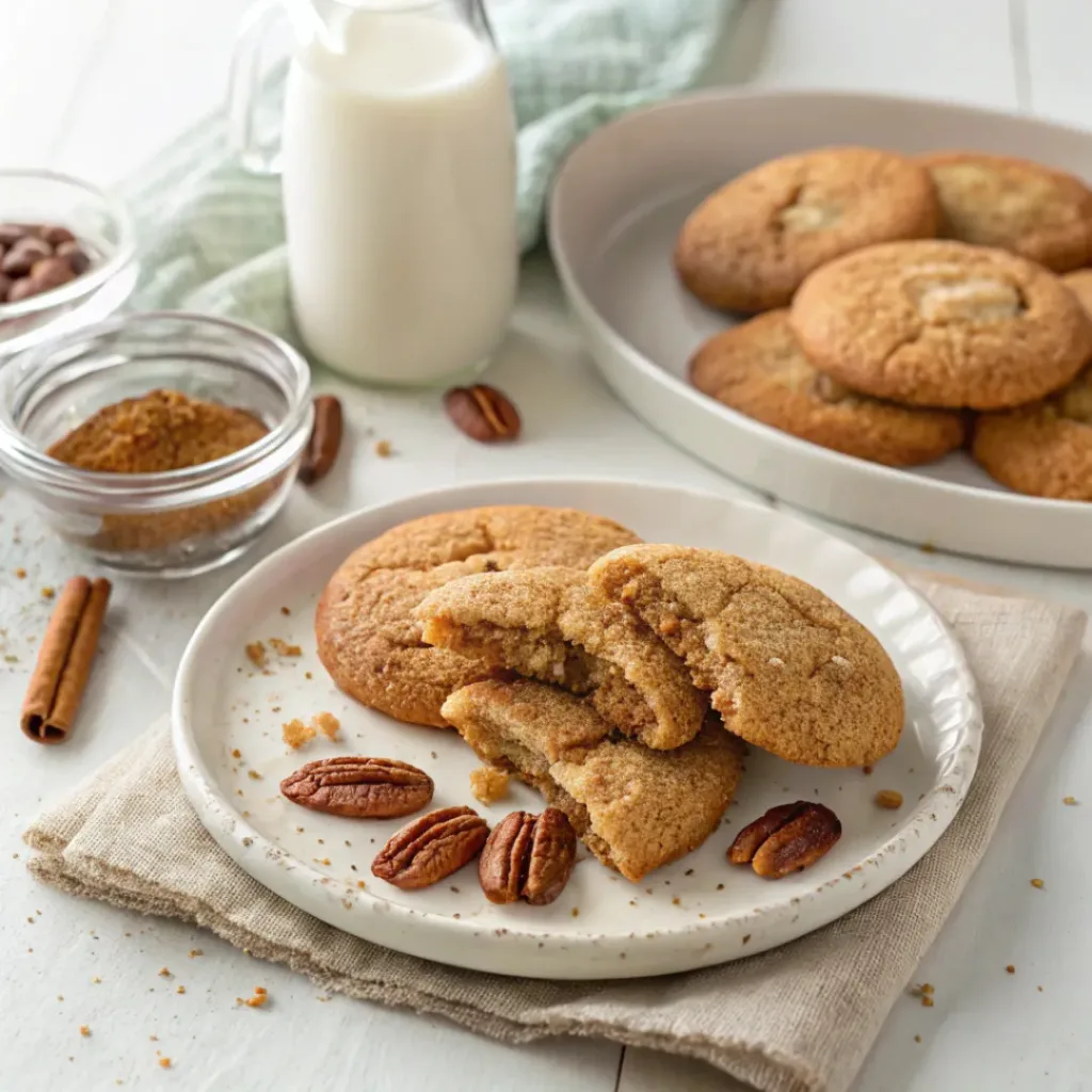 Maple pecan snickerdoodles served with cold milk, toasted pecans, maple syrup, and cinnamon sugar.