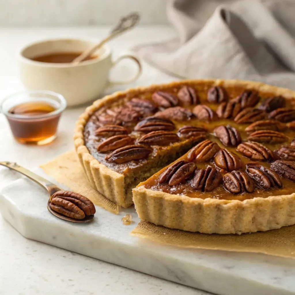 Home 7 Homemade maple pecan tart with toasted pecans, rich maple filling, and a golden buttery crust.