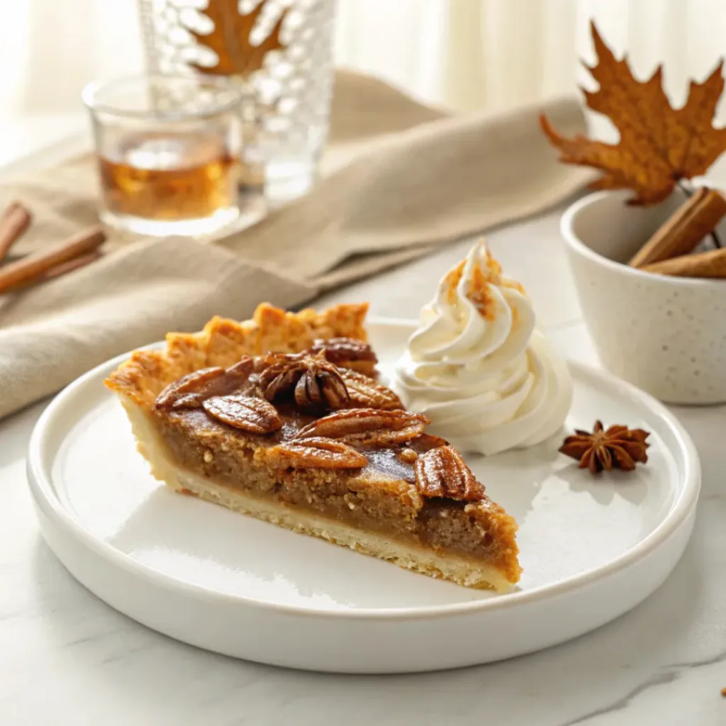Maple pecan tart served with whipped cream, toasted pecans, maple syrup, and cinnamon.