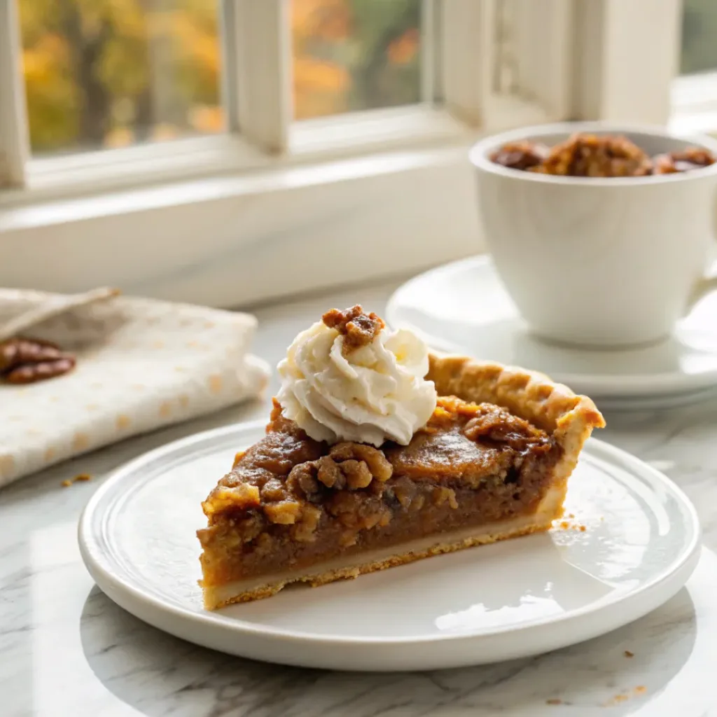 Maple Walnut Pie - Rich Buttery Holiday Bakery Dessert 8 Slice of maple walnut pie served with whipped cream, toasted walnuts, and maple syrup.