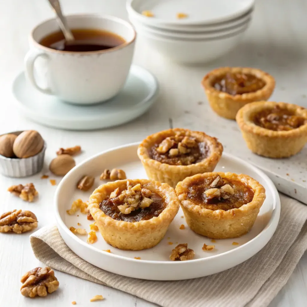 Maple Walnut Tassies - Flaky Cream Cheese Pastry Mini Tarts 8 Maple walnut tassies served with coffee, toasted walnuts, maple syrup, and a warm buttery pastry shell.