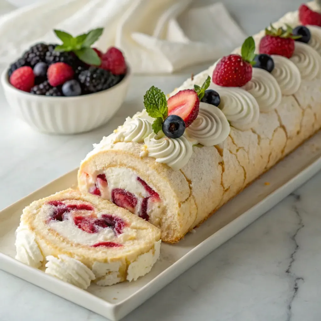 Home 6 Homemade meringue roulade with crisp meringue, whipped cream, and fresh berries on a serving platter.