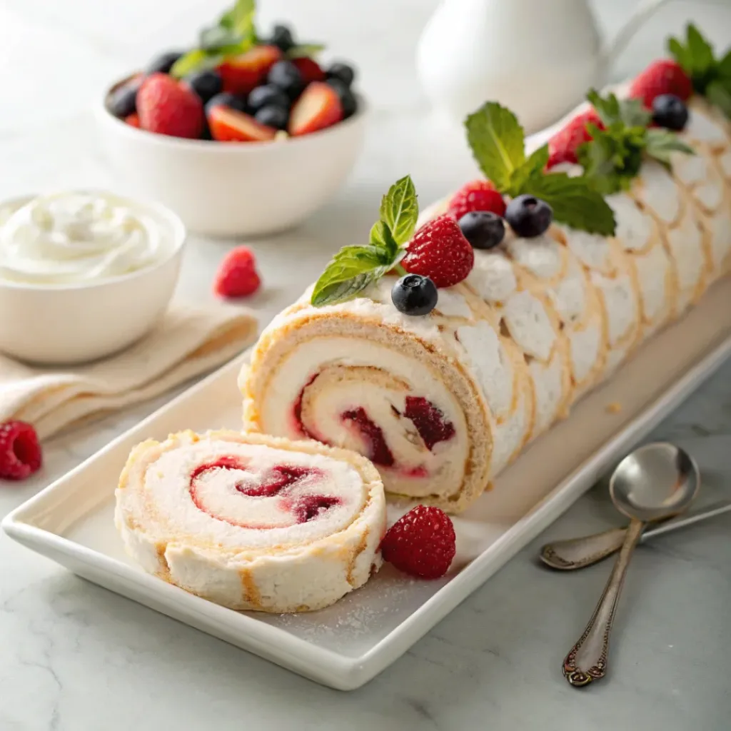 Meringue Roulade - Crisp Marshmallow Cream Holiday Showstopper 8 Meringue roulade served with whipped cream, raspberries, blueberries, strawberries, and powdered sugar.