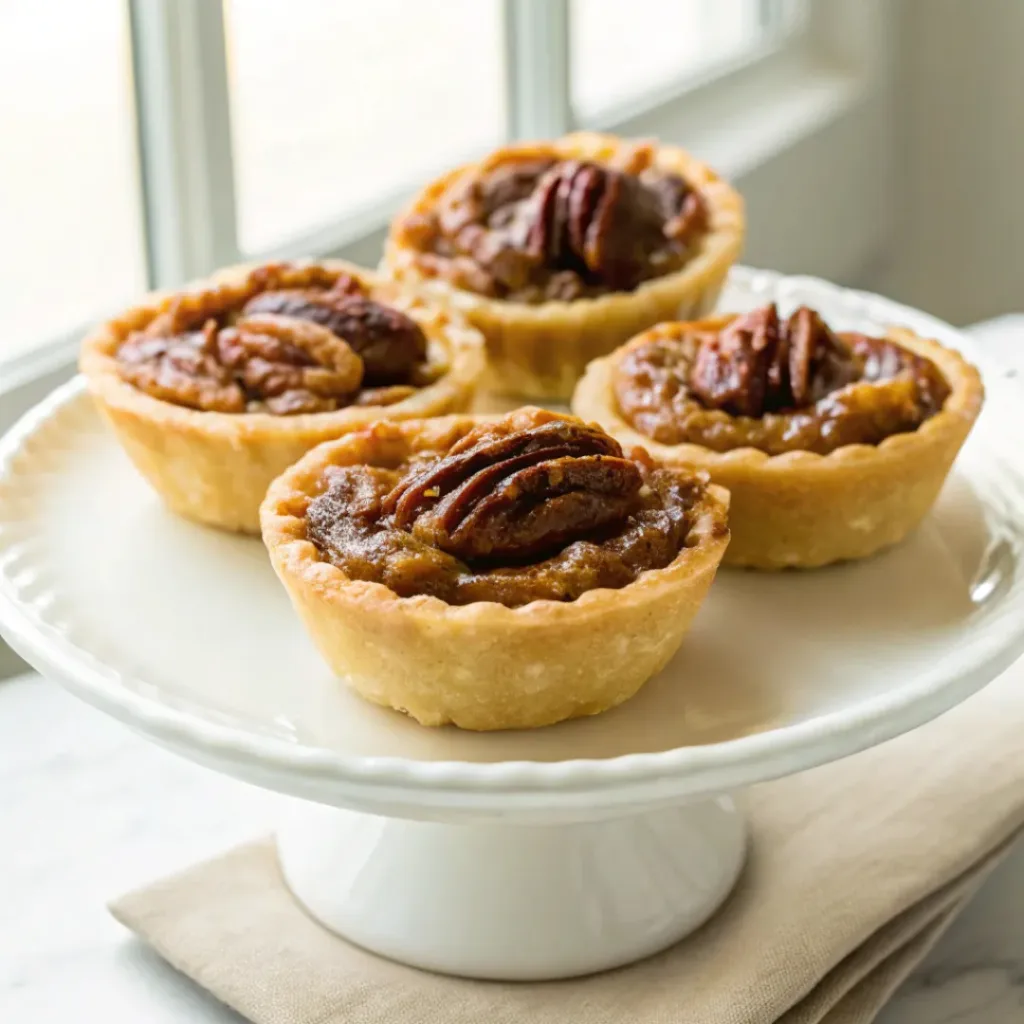 Home 9 Mini pecan tarts with flaky pastry shells, gooey brown sugar filling, and toasted pecans on a white dessert plate.