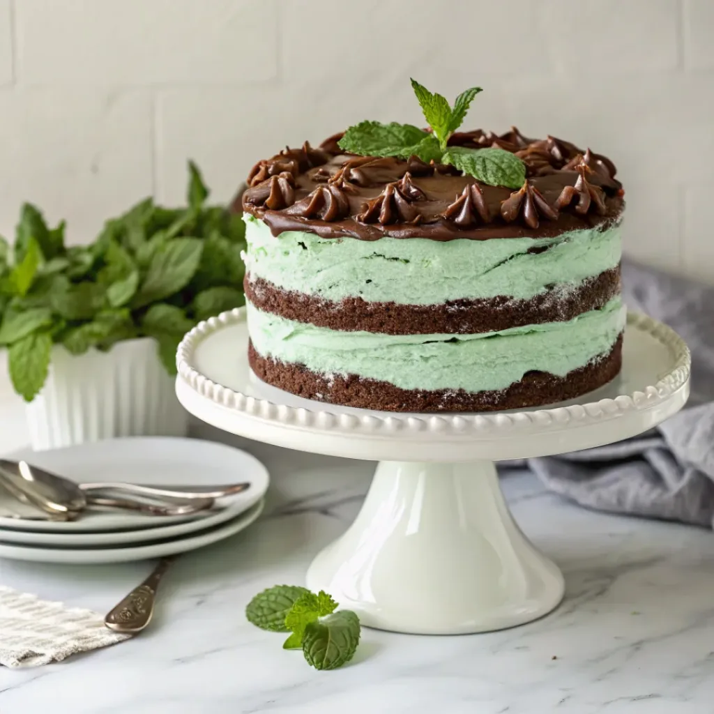 Home 7 Moist chocolate mint cake with creamy mint frosting, chocolate ganache, and chocolate curls.