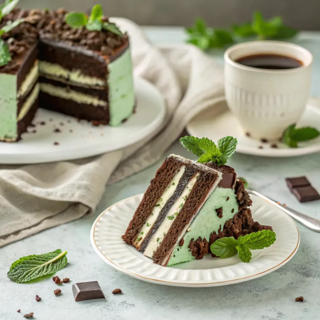 Slice of mint chocolate cake with mint frosting, chocolate ganache, chocolate curls, and coffee.