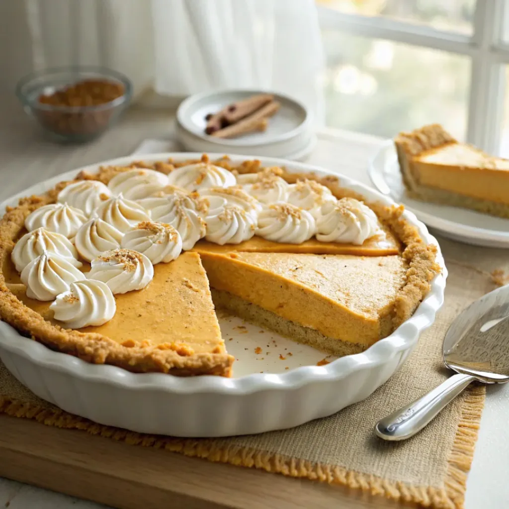 Home 6 Creamy no-bake pumpkin mousse pie with a graham cracker crust, whipped cream, and cinnamon on a serving plate.