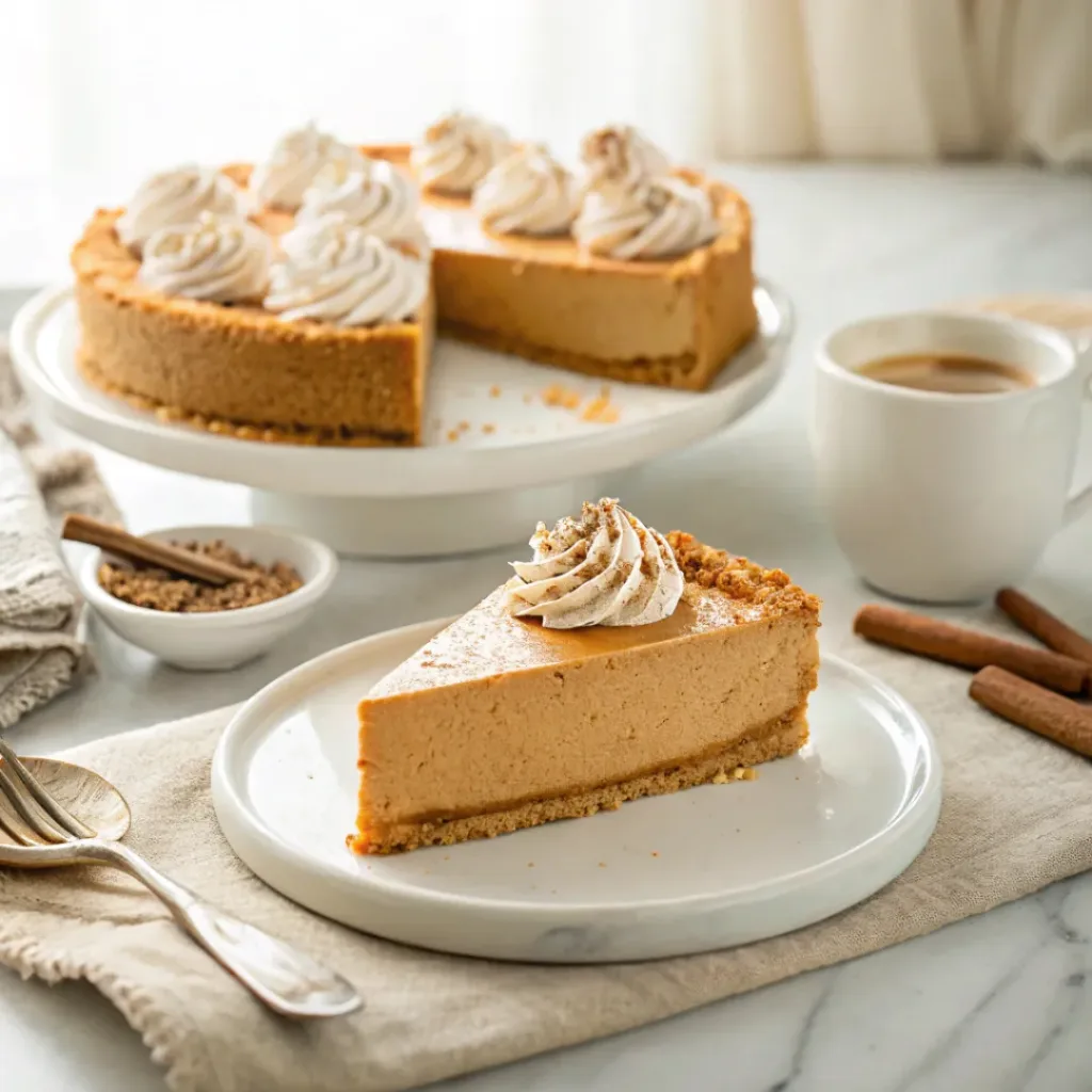 No-bake pumpkin mousse pie served with whipped cream, cinnamon, graham crackers, and warm pumpkin spices.