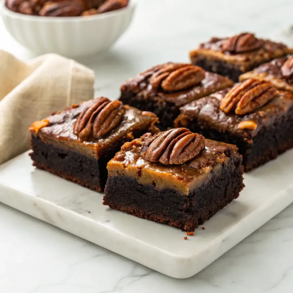 Home 8 Homemade pecan pie brownies with a fudgy chocolate center and gooey toasted pecan topping on a serving platter.