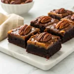 Homemade pecan pie brownies with a fudgy chocolate center and gooey toasted pecan topping on a serving platter.