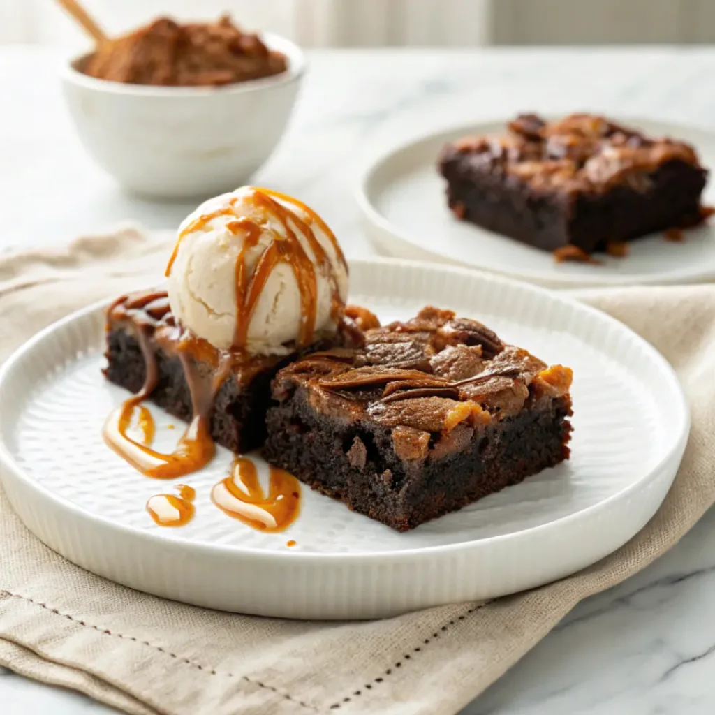 Warm pecan pie brownies served with vanilla ice cream, caramel sauce, and toasted pecans.