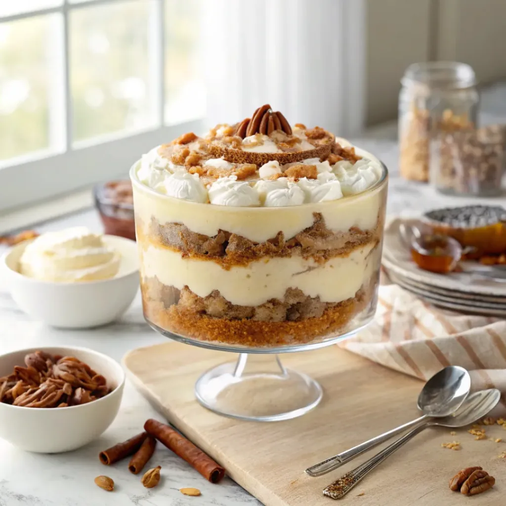 Home 6 Homemade pecan pie trifle with buttery cake, creamy filling, caramelized pecans, and whipped cream.