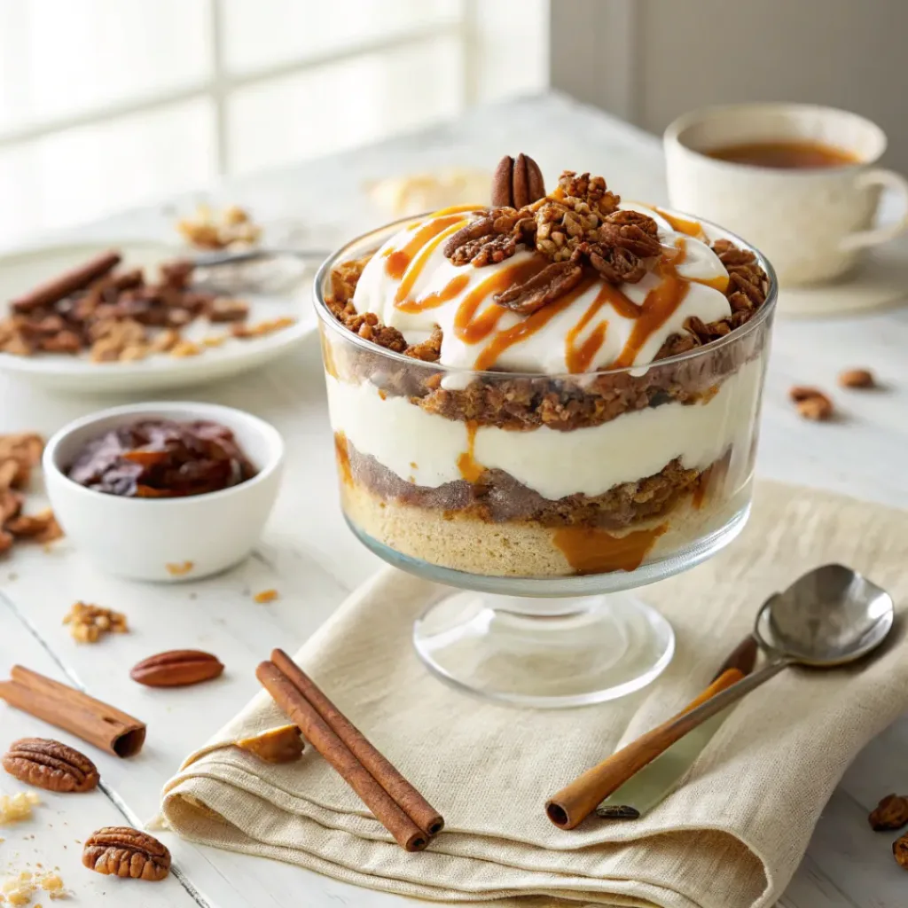 Pecan Pie Trifle - Decadent No-Bake Holiday Showstopper 8 Pecan pie trifle served with whipped cream, caramelized pecans, caramel sauce, and toasted pecans.