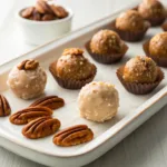 Homemade pecan pralines with creamy caramelized candy, toasted pecans, and a glossy finish on a serving platter.