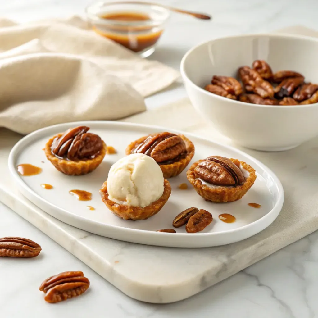 Pecan pralines served with vanilla ice cream, toasted pecans, caramel sauce, and a warm glass of milk.
