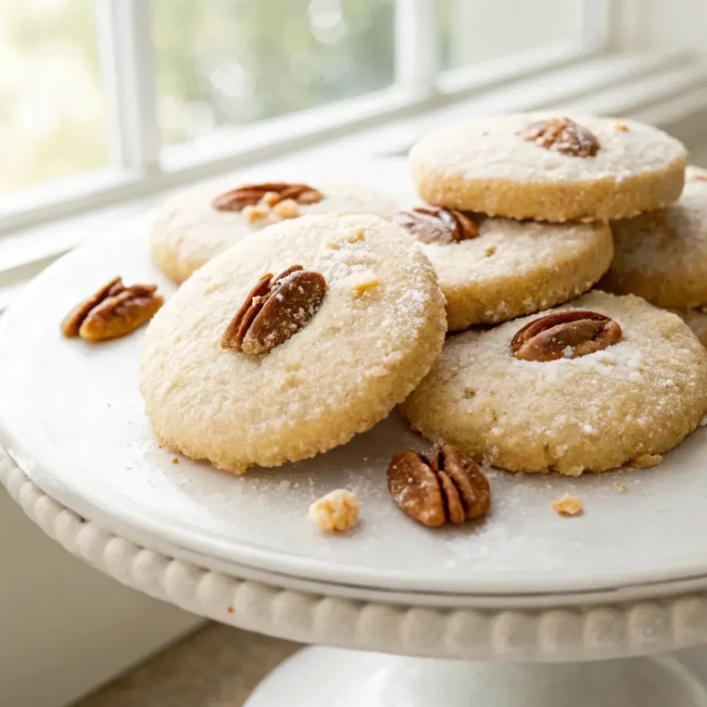 Home 9 Homemade pecan sandies with buttery crumb, toasted pecans, and a delicate sugar coating on a serving platter.