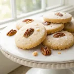 Homemade pecan sandies with buttery crumb, toasted pecans, and a delicate sugar coating on a serving platter.