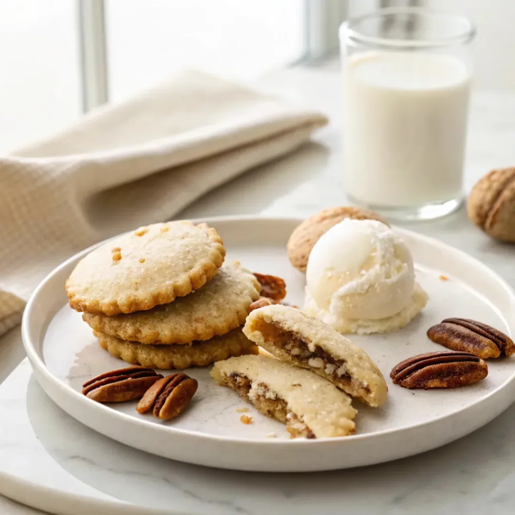 Pecan Sandies - Buttery Shortbread Cookies 8 Pecan sandies served with vanilla ice cream, toasted pecans, and a warm glass of milk.