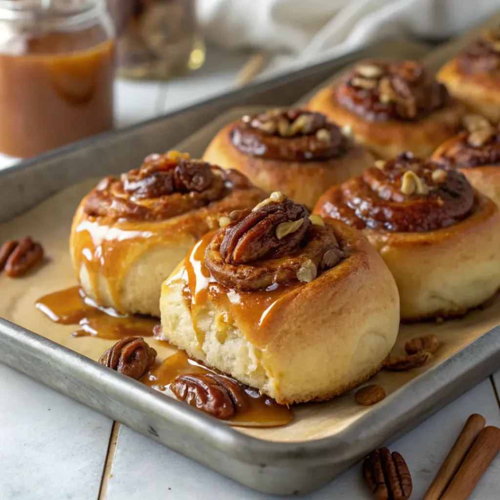 Home 7 Homemade pecan sticky buns with fluffy cinnamon rolls, caramel glaze, and toasted pecans on a serving platter.