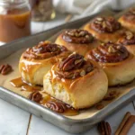 Homemade pecan sticky buns with fluffy cinnamon rolls, caramel glaze, and toasted pecans on a serving platter.