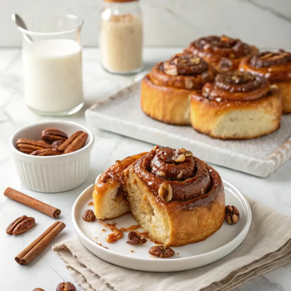 Pecan Sticky Buns - Gooey Caramel Holiday Bakery Breakfast Rolls 8 Warm pecan sticky buns served with caramel pecans, cinnamon, and a glass of cold milk.