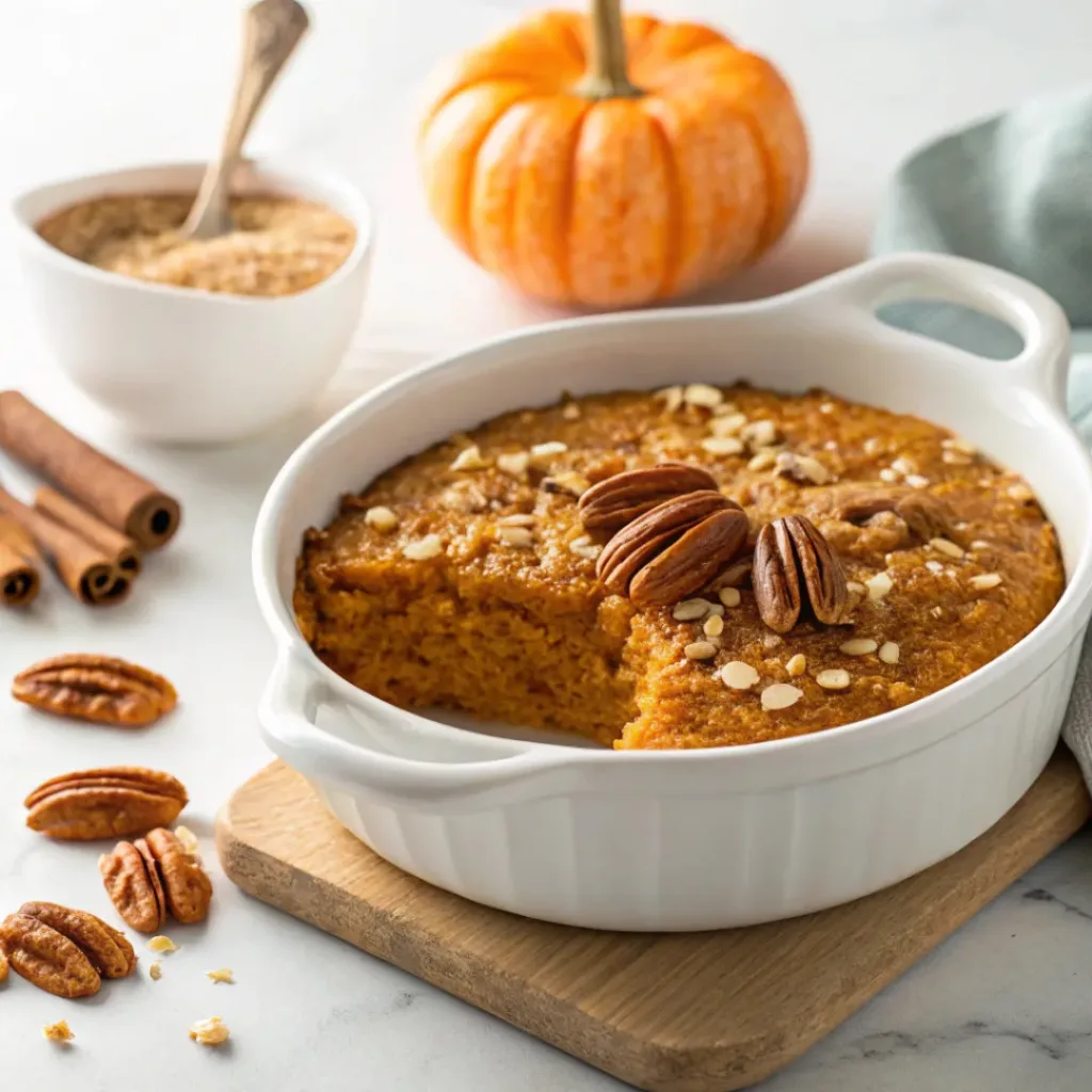 Homemade pumpkin baked oatmeal with rolled oats, warm spices, pumpkin, pecans, and maple syrup.