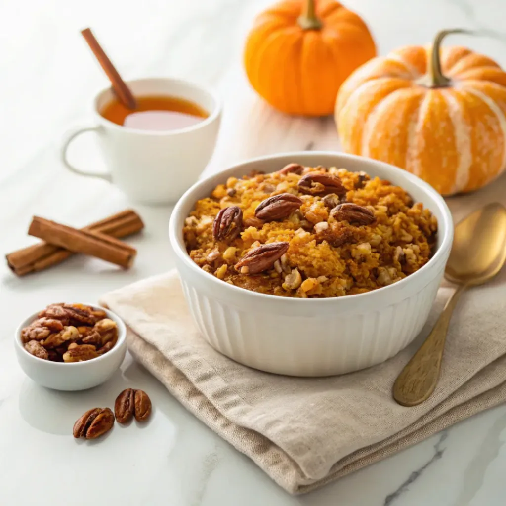 Pumpkin baked oatmeal served warm with toasted pecans, maple syrup, pumpkin seeds, and cinnamon.