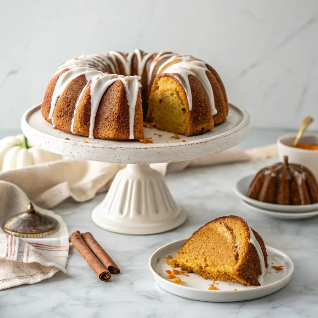 Moist pumpkin bundt cake with warm spices, vanilla glaze, and a golden crust on a white cake stand.