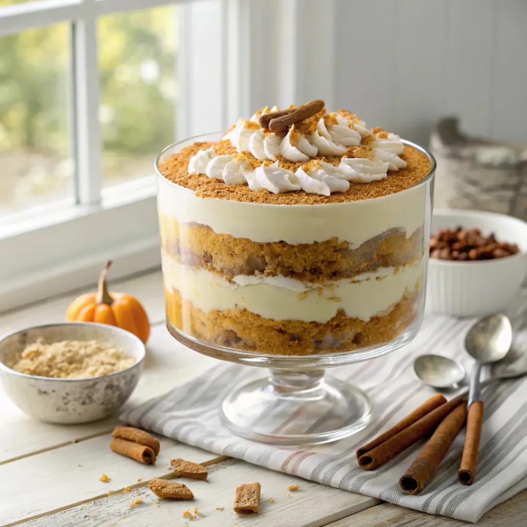 Home 6 Homemade pumpkin cheesecake trifle with spiced cake, creamy cheesecake filling, whipped cream, and pecans.