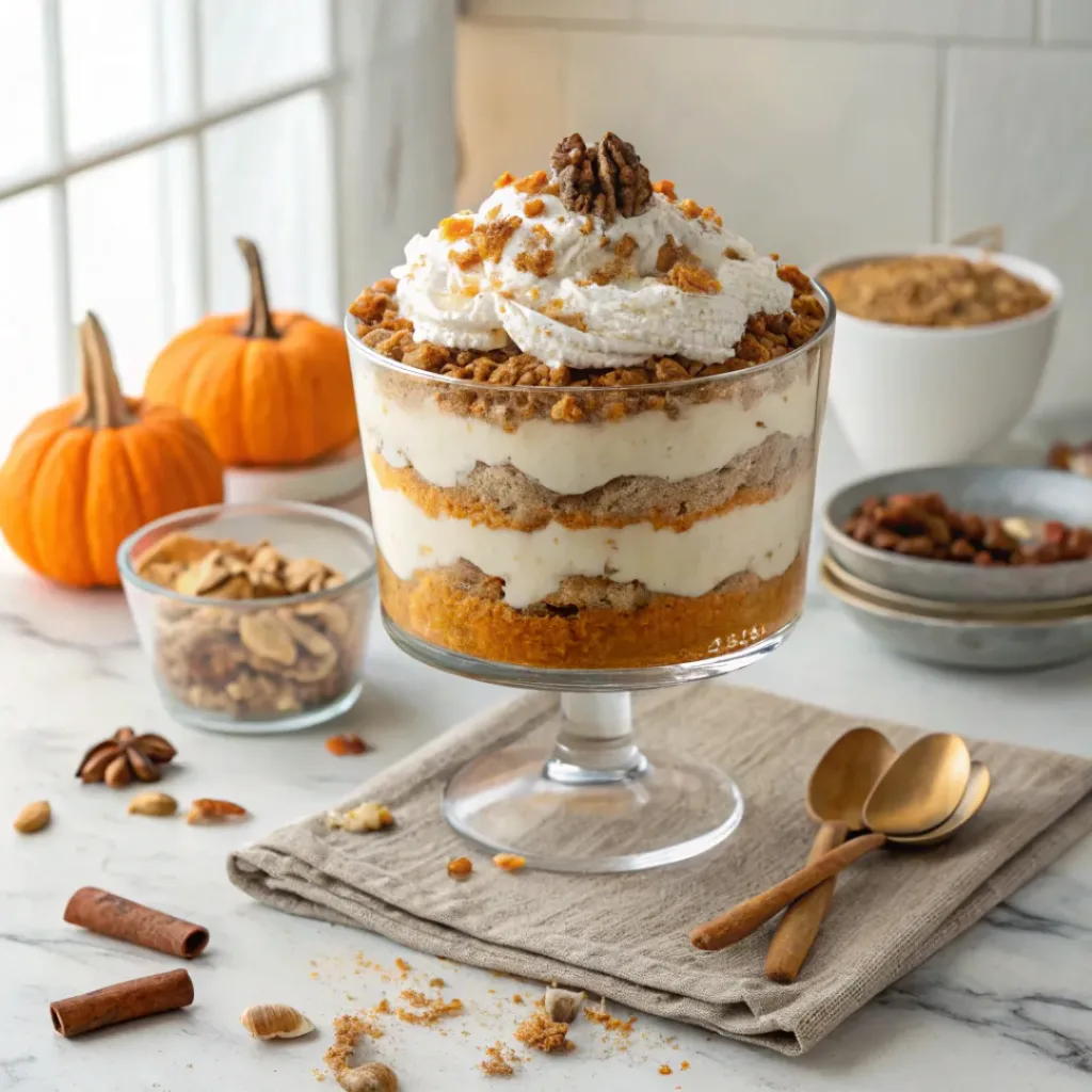 Pumpkin Cheesecake Trifle - Creamy No-Bake Autumn Layered Dessert 8 Pumpkin cheesecake trifle served with whipped cream, toasted pecans, cinnamon, and pumpkin spice.