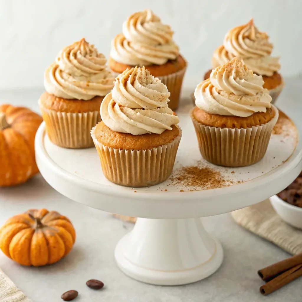 Pumpkin spice latte cupcakes with coffee buttercream, cinnamon, and a drizzle of caramel.