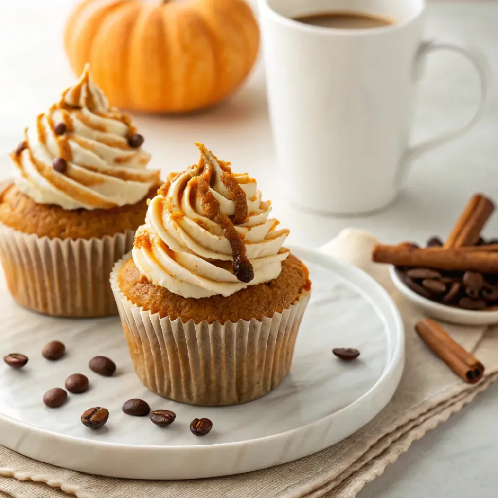 Pumpkin spice latte cupcake with coffee buttercream, caramel, cinnamon, and a warm latte.