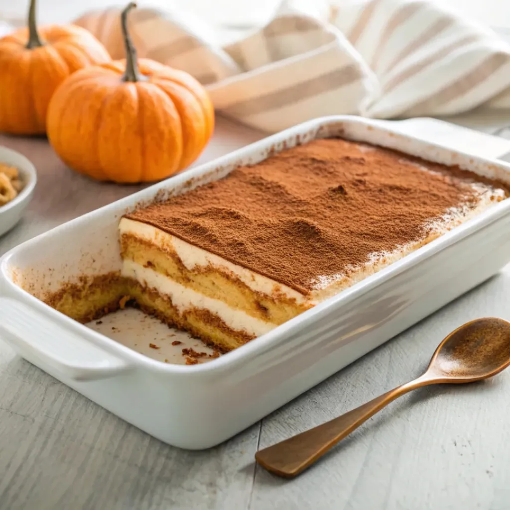 Home 7 Homemade pumpkin tiramisu with layers of ladyfingers, pumpkin mascarpone cream, and cinnamon dusting.