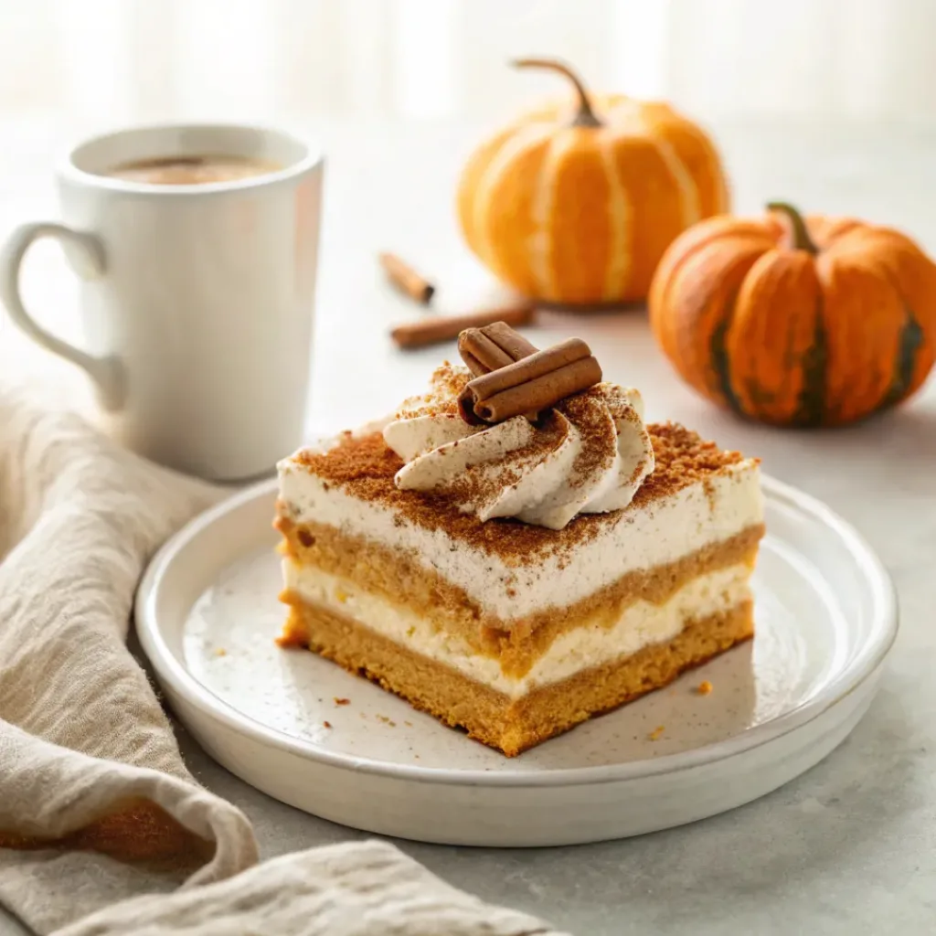 Pumpkin Tiramisu - Silky Spiced Autumn Layered Dessert 8 Pumpkin tiramisu served with cinnamon whipped cream, pumpkin spice, and fresh pumpkin.