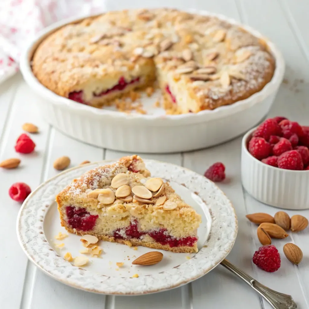 Home 6 Raspberry almond crumb cake with fresh raspberries, sliced almonds, and a buttery golden crumb topping.