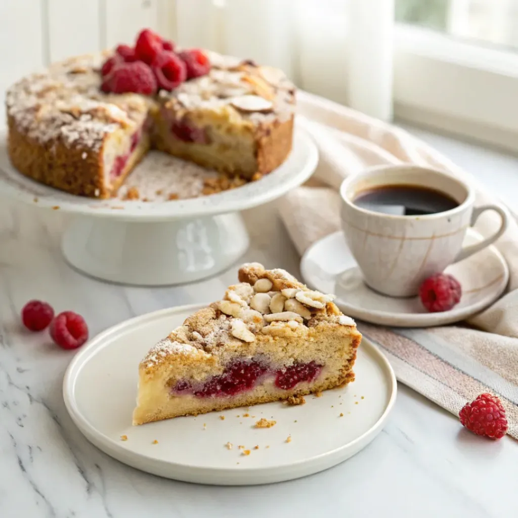 Raspberry almond crumb cake served with coffee, fresh raspberries, sliced almonds, and powdered sugar.