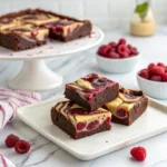 Fudgy raspberry cheesecake brownies with creamy cheesecake swirls and fresh raspberries.