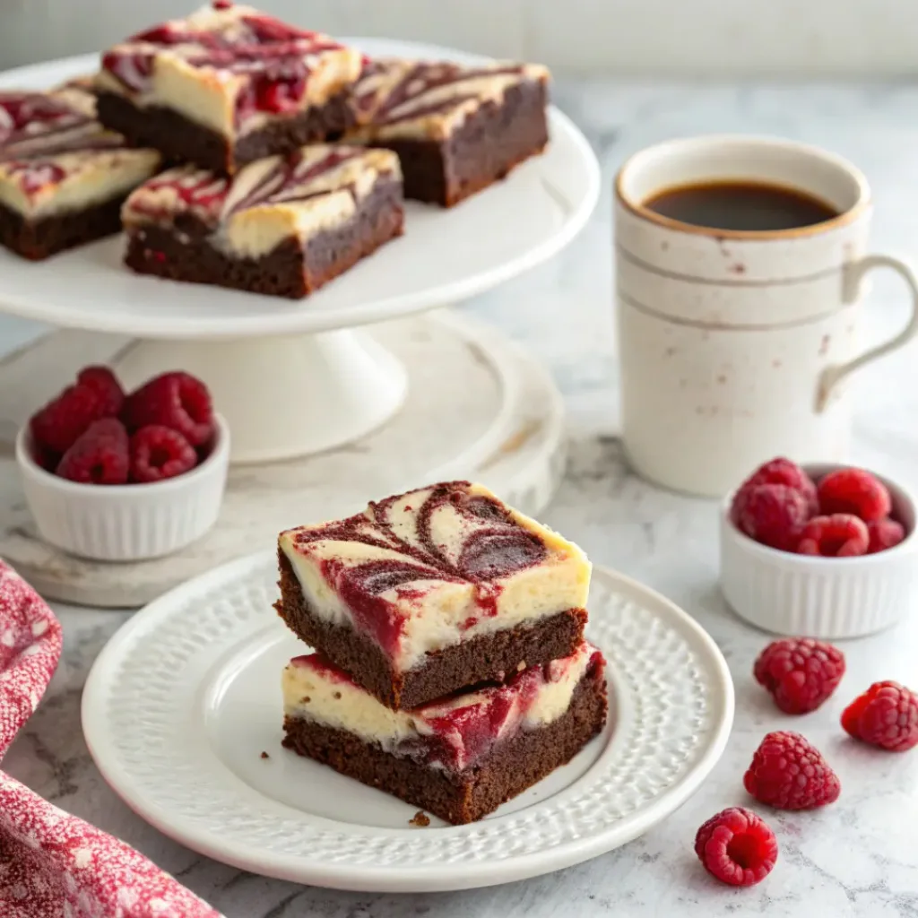Fudgy raspberry cheesecake brownies served with fresh raspberries, chocolate, and a warm cup of coffee.