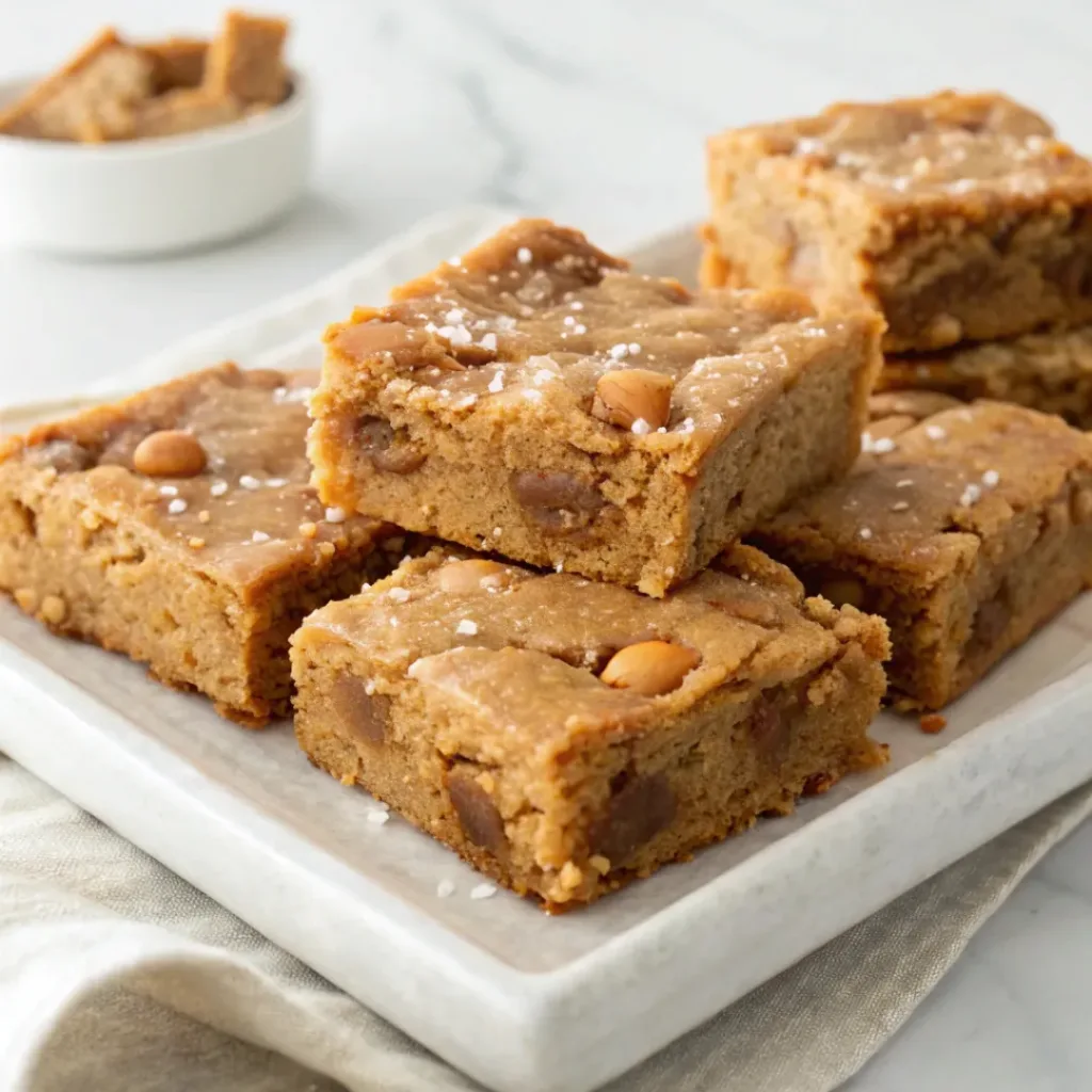 Homemade salted butterscotch blondies with chewy centers, golden edges, butterscotch chips, and flaky sea salt.